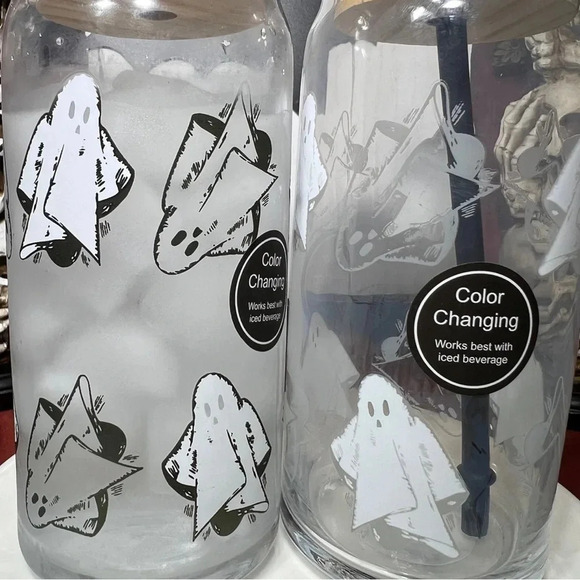 HTF Cold Color Changing Halloween Glass White Ghost Tumblers With Straw x2 - Picture 5 of 12